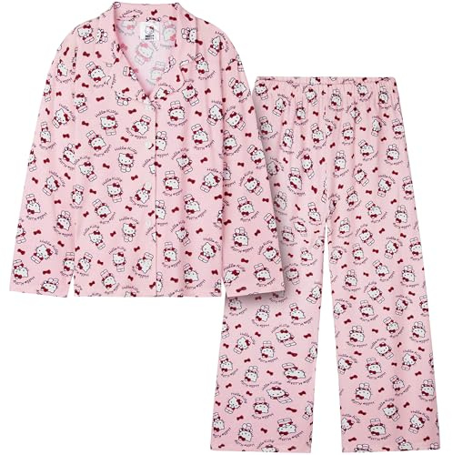 Hello Kitty Sanrio Pyjama Fille et Ado, Ensemble Haut et Bas, Tenue de Nuit Enfant Kawaii, Pyjama Hiver Doux et Confortable (9-10 Ans, Rose Hello Kitty)