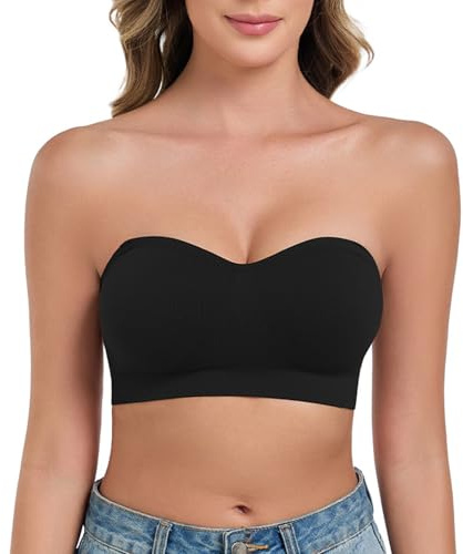 ANGOOL Strapless Bras for Women Non Wired Bandeau Bra Seamless Padded Non Slip Stay Up Supportive Lift Lightweight Breathable Multiway Bra, Black, XL