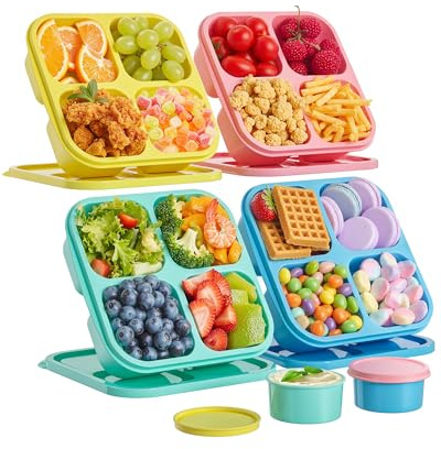 Canfanni 4 Pcs Snack Box Containers Set, Reusable 4 Compartment Lunchable Container with 2Pcs Sauce Containers, Stackable BPA-Free Bento Box for School, Work, Travel (4 Color)