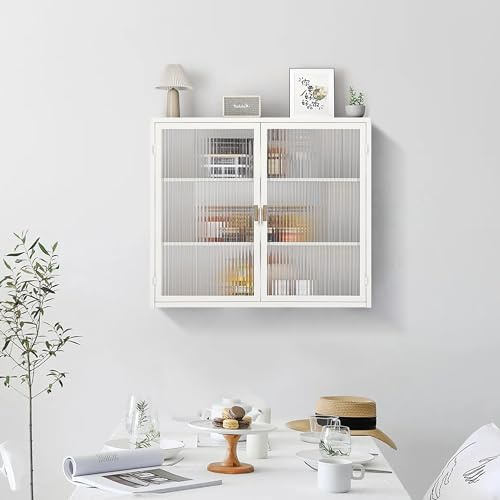 Merax Vitrina colgante de cristal, armario colgante, 2 puertas de cristal, para comedor, cocina, salón, oficina, baño, entrada, color blanco, 70 x 23 x 60 cm