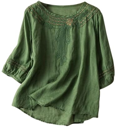 Générique Chemisier Coton et Lin Manches Courtes pour Femme Blouses Ample Col Rond Tunique D'été Bohème Folklore Haut Brodé en Coton et Lin à Manches Trois-Quarts T-Shirts Fantaisie D'Été à Col en V