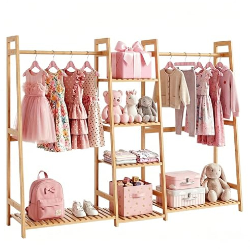 BAMBOOHOMIE Kids Clothing Rack with Shelves, Bamboo Clothes Garment Rack for Kids Child Baby, Kids Dress Up Storage Rack with Top Shelf, Toddlers Wardrobe Closet for Nursery (Large Size)