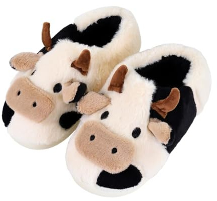 XUNBAI Cow Tofflor mysiga ko tofflor av plysch | söta tecknade tofflor för kvinnor och män | fluffiga djurtofflor vinter, varma unisex