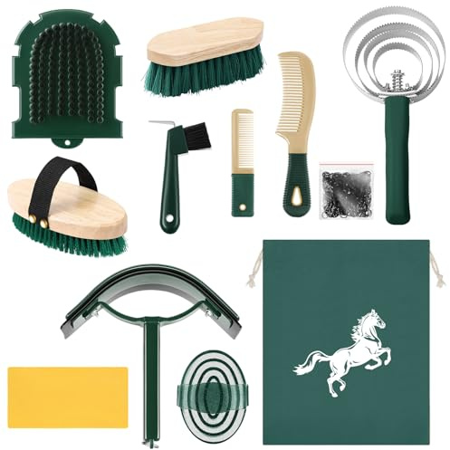 Abbylike 12 Pieces Horse Grooming Kit Racing Festival Tack Room Supplies Horse Brush Sets Equine Care Cleaning Kit Shedding Grooming Massaging Tools (Khaki and Green)