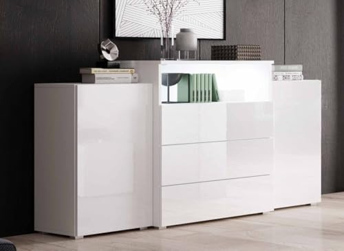 DecoInParis Buffet commodes 2 Portes 3 tiroirs Blanc laqué avec LED - Marcel