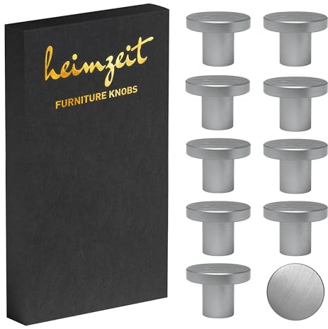 heimzeit Skåpknoppar Modern för Dörrar, Lådor och Byråer av Högkvalitativ Aluminium [10 Stycken, Rund] Färg: Grå, Stilren Design, Möbelknoppar med ett hål Handtag och Skruvar