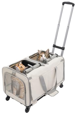 Vikbar katttransportbur med hjul, transportväska för 2 katter eller små hundar, andas, bärkassar med teleskophandtag för resor, vandring, camping, upp till 17,5 kg (beige)