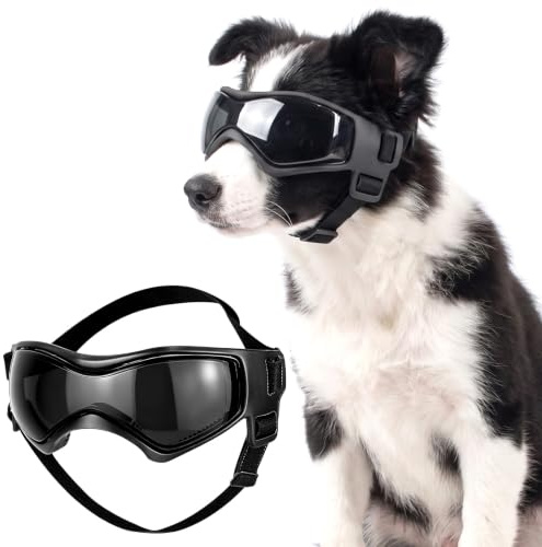 Gkhlg 1 Piece Dog Goggles Anti UV Soft Silicone Adjustable Strap for Small Breed Dogs Eye Protection for Driving Hiking Beach Forest Outdoor Activities (Black, M)