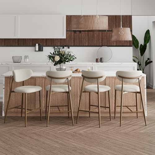 MALOL Lot de 4 Tabourets de Bar, Hauteur Comptoir, Tabourets de Cuisine avec Dossier, Rembourrés Modernes, Pieds en Métal pour Îlot de Cuisine et Comptoir, Beige