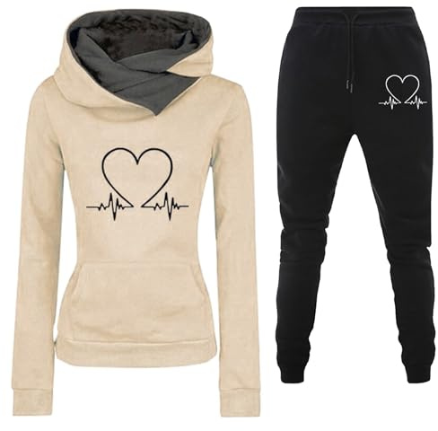 Byxdress dam elegant 2 delar sommar sweatdräkt hjärta tryck joggingdräkt | Långärmad huvtröja och långa joggingbyxor Co Ord Set sportdräkt med dragsko fickor träningsoverall tracksuit