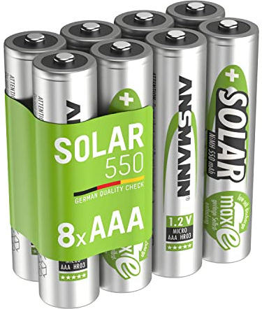 ANSMANN Piles solaires rechargeables Micro AAA 550 mAh 1,2V (lot de 8) – Piles rechargeables pour lampes solaires, décorations de jardin, etc. – Piles HR03 à faible autodécharge et sans effet mémoire