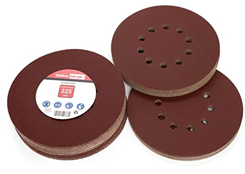 Woltersberger® 50 Stück Schleifscheiben Ø 225mm | Körnung P220 | 10 Loch in rot | Schleifpapier Trockenbauschleifer Langhalsschleifer Schleifgiraffe Deckenschleifer