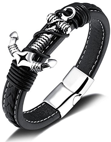 Aruie Bijoux Bracelet Manchette Ancre Anchor Nautique Marin Corde Enroulé Cuir Fermoir Acier Inoxdable Chaîne de Main Classique Tribal Biker Cadeau Homme