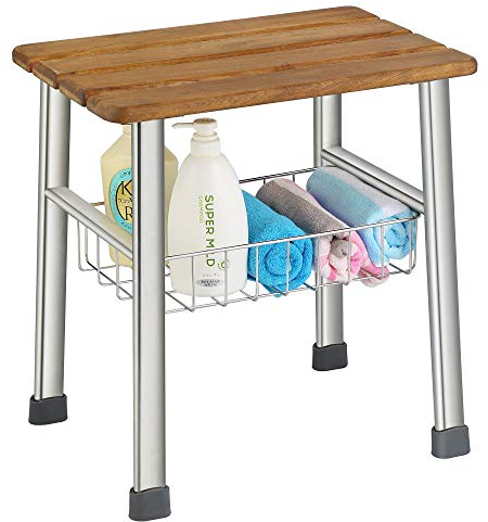 Duschhocker aus Teakholz, Badhocker stabil, Duschsitz mit Stauraum, Duschstuhl, Duschhilfe für Senioren, Alter, Schwangere – rutschfest