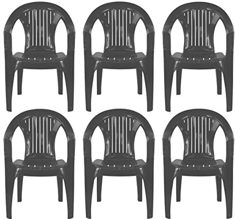 Plastic Garden Chairs - BLACK Set of 6 Chairs - Stackable with Vertical Slat Low Back Design - Indoor or Outdoor Use - Suitable for Patio, Parties, Picnics or Camping.
