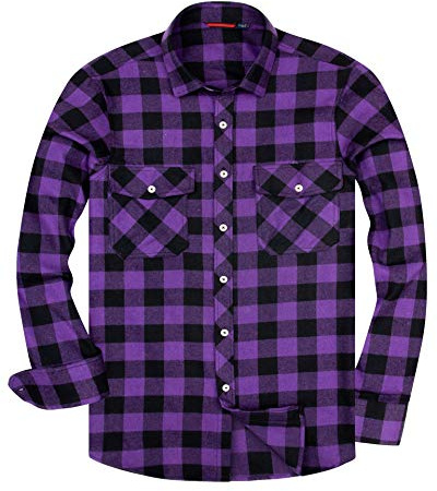 Alimens & Gentle Camisas Casuales de Franela a Cuadros de Manga Larga con Botones para Hombre, Tela a Cuadros violetas, Large