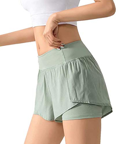 Flyself Kvinnor 2-i-1 Sport Shorts Snabbtorkning Resår Korta Byxor Kvinnor för Yoga Fitness Löpning Simning med ficka, Grön, S