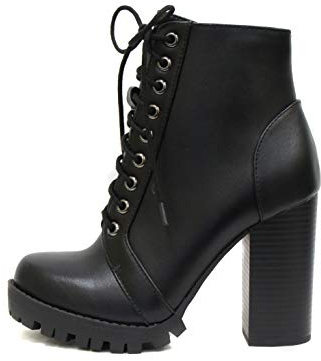 Soda Chalet – Fashion Lace up Military Inspired Ankle Boot with Stacked Heel and Side Zipper (Black, 8.5)