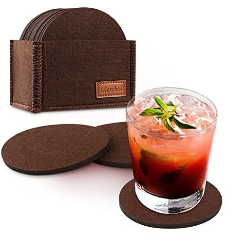 Glowbal Filz Untersetzer rund für Gläser 12er Set für Getränke, Bar, Tassen, Glas - Tischuntersetzer Filzuntersetzer(braun)