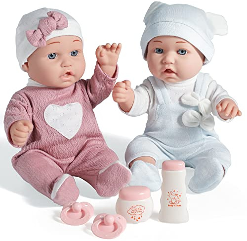 Enjoyin 12'' Twins Baby Doll Playset with Accessories Includes Boy and Girl Dolls, 2 Powder Bottles, and 2 Pacifiers, Ideal Gift for Children Age 3+