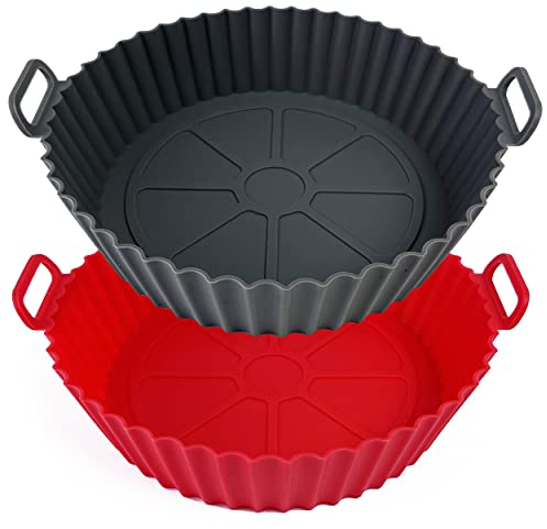 EATO Air Fryer Silicone Liners Set of 2 Air Fryer Liners Pot Reusable Silicone Liners for Cooking, Baking, Oven Safe Replacement of Flammable Parchment Liner Paper (Grey+Red)