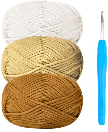 Tjockt garn för virkning, bomullsgarn tjock ull för virkning 3 x 50 g virkat garn för nybörjare amigurumi-garn med 4 mm virkad krok, lätt virkad startsats (Khaki)