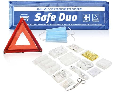 Kfz-Verbandstasche Safe Duo blau | Verbandstoffe neuste Norm 13164:2022-02 | Euro Warndreieck | Verbandskasten für Auto