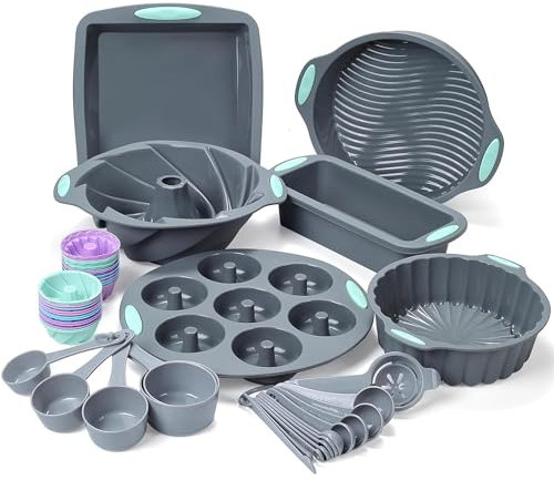 Tongjude 47-Piece Silicone Baking Set, 6 Cake Molds, Loaf Pan, Doughnut Pans, Non-Stick Baking Cups, Measuring Cups & Spoons, Grey