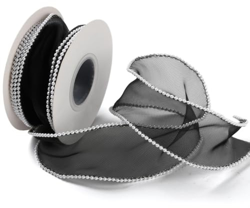 CABODYALS 4.57M 40mm Black Organza Ribbon Faux Pearl Edged Chiffon Sheer Silk Fishtail Yarn Trim Transparent Smooth Ribbons Bundle with Spool for Sewing Making Gift Wrapping Halloween DIY Supplies