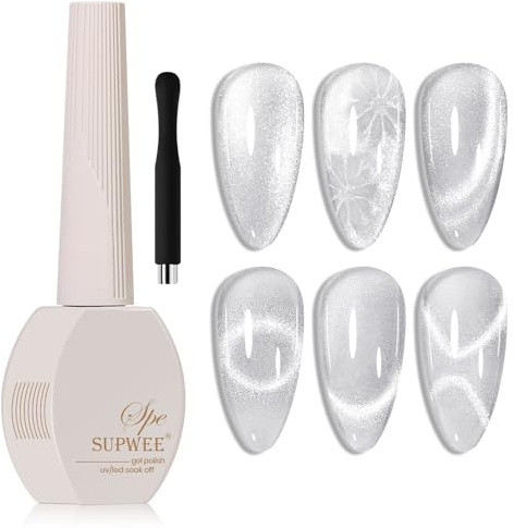SUPWEE Universal Cat Eye Top Coat Nagellack 2 In 1 Silber 9D Cat Eye UV Gel Nagellack und Top Coat Glitzer Holografischer Katzenaugen UV Gel Nail Art Manicure Salon Home