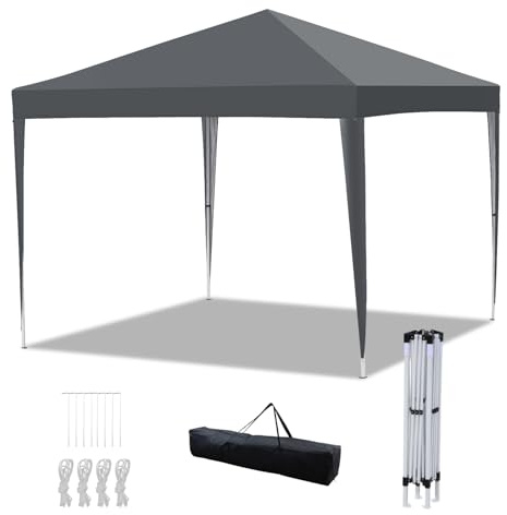 Hebitod Paviljong, vikbar paviljong 3 x 3 m vattentät stabil, pop-up paviljong, höjdjusterbar trädgårdspaviljong, festtält, trädgårdstält, UV-skydd, utomhus, trädgård, camping, grå