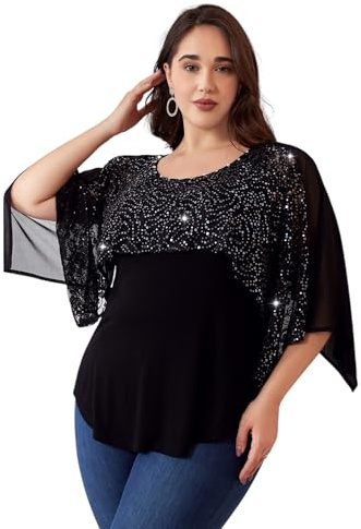 LapaPlus 2025 Hauts à Manches Courtes pour Femmes en Paillettes - Tunique d'été à Sequins de Grande Taille - T-Shirt à Col en V Décontracté pour Fête, Noir , XL Grande taille