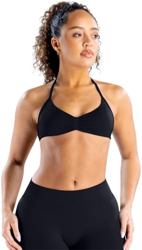 TRYTO Reggiseno Imbottito con Spalline per Yoga e Sport, Donna, Senza Schienale, Halter, per Palestra, Fitness, Yoga, Allenamento, Outdoor, Top Scrunch con Movimento Frontale, Nero mezzanotte., L