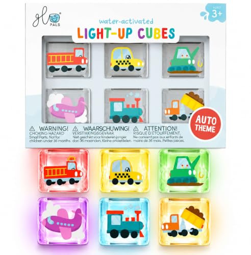 Glo Pals Water-Activated Light-Up Bath Toy Cubes, Automobiles, Pack of 6