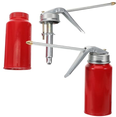 Hohopeti 2pcs Manual Oil Can Oiler Pump Bottle 200ml Long Nozzle Red Metal Engine Oil Dispenser for Car Motorcycle Maintenance Portable Storage Kettle