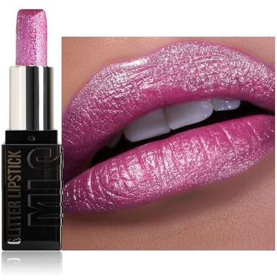 Rose Pink Shimmers Lipstick, Highly Pigmented Pearlescent Lipstick Waterproof Long Lasting Glitter Purple Pink Lip Stick, Creamy Moisture Pearl Shimmer Tinted Lip Balm