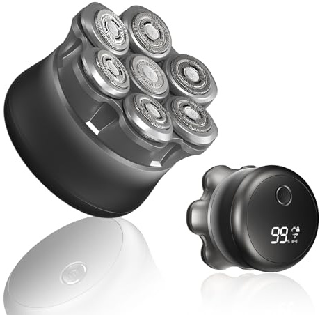Afeitadora cabeza hombre, Maquina afeitar cabeza 7D para hombre magnético, Recargable portátil, Impermeable, para uso en seco y húmedo, Con Pantalla LED Bloqueo de Viaje (4in)