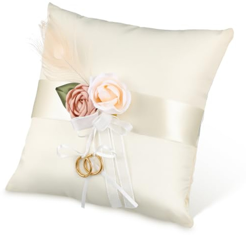 CLISPEED Cojín de satén para anillos de boda, pequeño soporte de anillo floral, cojín de satén suave para ceremonias y joyas