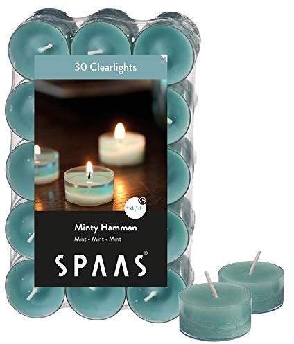 Spaas 30 Duftenden Clearlights, Teelichter mit durchsichtigem Halter, ± 4,5 Stunden - Minty Hammam
