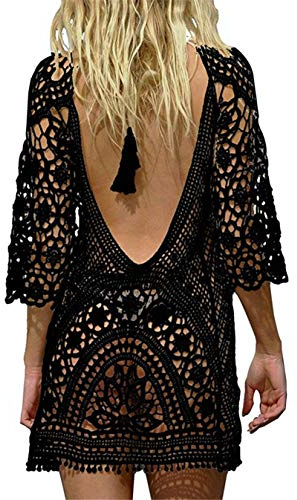 Cache-Maillots et Sarongs, Femme Maillot de Bain Dos Ouvert Robe de Maillot de Bain Bikini Dentelle au Crochet, C- Noir, Taille Unique