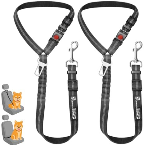 Comfortable Dog Seat Belt Harness for Car - 2-in-1 Leash and Restraint Secures to Headrest. Adjustable Bungee, Strong, Durable, 360 Degree Swivel Attach Won't Twist, Reflective, Easy to Use (Black)