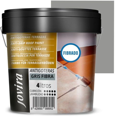 JOVIRA PINTURAS Pintura Impermeabilizante Antigoteras fibrado. Revestimiento Elástico, para Terrazas, Paredes, Medianeras y Tejados. (4 Litros, Gris) A-47