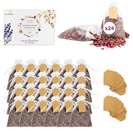 Cultivea® bolsitas de Flores secas y pétalos de Lavanda - Rosa y Lavanda - Decoración, San Valentín, cumpleaños, Boda, Bautizo, Pot pourri - Biodegradable, Desodorante, Natural, aromático (24 lavanda)