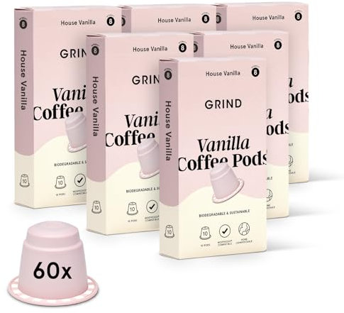 Grind Vanilla Coffee Pods – Pack of 60 Biodegradable Capsules – 100% Arabica – Nespresso® Original Compatible Capsules – Home Compostable – Barista Quality and Specialty Grade – Medium Roast
