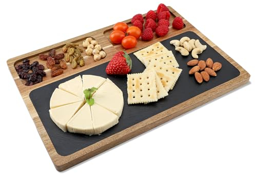 Schiefer Servierbrett Holz, Akazienholz Serviertablett & Käsebrett, Schiefer Steak Brot Abendessen Platte Mehrzweck für Party Familie Küche Restaurant