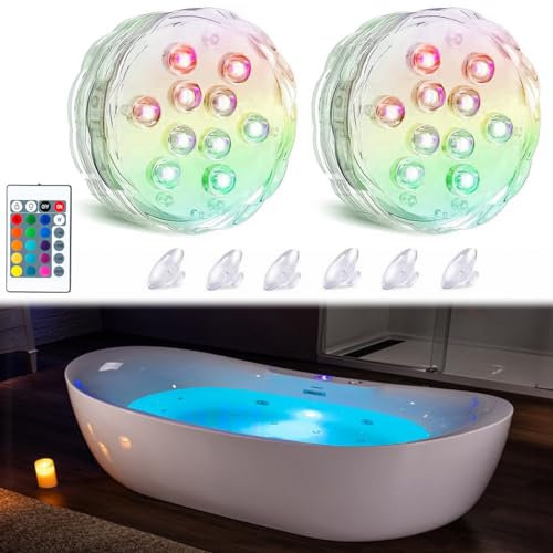 Seagenck Bath Tub Lights Wireless, Battery Operated Waterproof Glow for Bathroom Bathtub Shower Spa, Bath Essentials for Women Relaxing, RGB Multi Color Remote Controlled, 2pcs