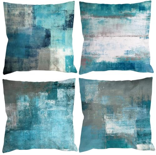 Türkis Grau Kissenbezug kissenbezüge 50x50 4er Set Dekokissen Modern Sofakissen Leinen Kissenhülle Abstrakte Gemälde Deko Kissen Aesthetic Couchkissen Kuschelkissen für Sofa Wohnzimmer Zierkissen