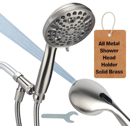 Soffione doccia portatile con supporto in metallo, 10 modalità di lavaggio a mano integrato e tubo extra lungo da 182 cm, a basso flusso d'acqua, nichel spazzolato 1,8 GPM