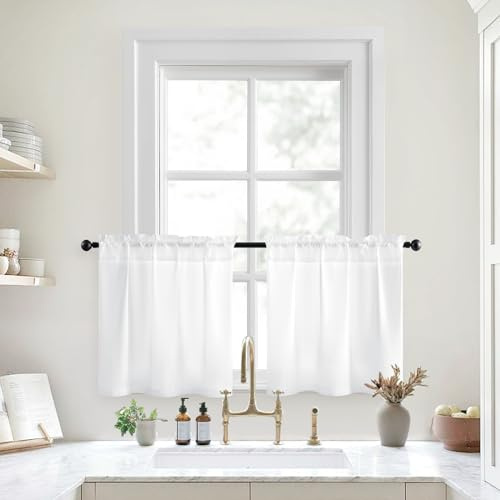 HOMEIDEAS White Kitchen Curtains 30 X 24 Inches 2 Panels Set Non-See-Through Privacy Semi Sheer Short Window Curtains Fish Bone Pattern Light Filtering for Cafe, Bathroom, Bedroom