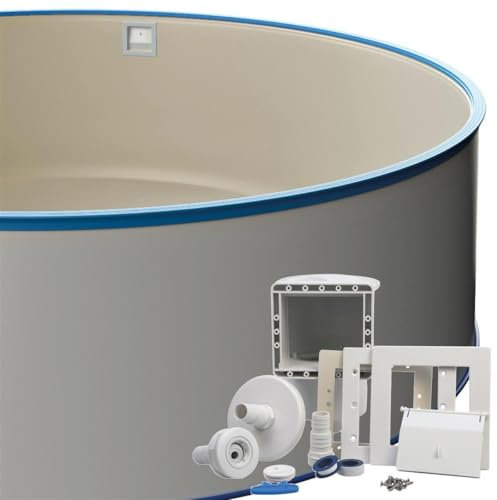 Runder Stahlwandpool-Set Ø 3,50 x 1,20 m, inkl. Bodenschienen & Handlauf in Blau, Einbauskimmer-Set, Innenhülle 0,8 mm Sandfarben, Premium Qualität, Made in Europe